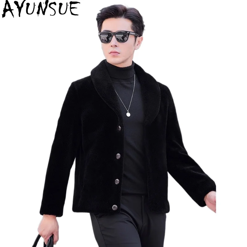 AYUNSUE 100% Wool Coats for Man Autumn Winter Korean Fashion Short Sheep Shearing Jacket Reversible Men's Fur Coat Black Clothes
