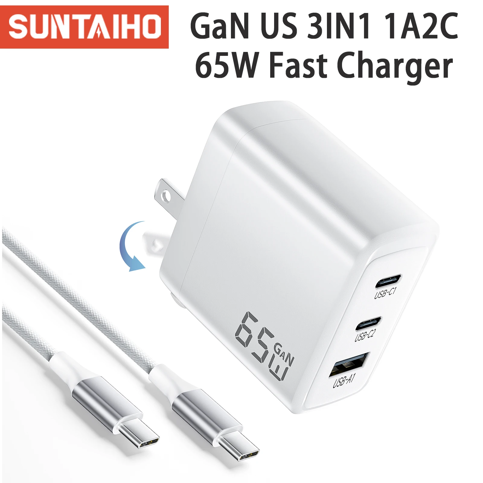 

Suntaiho PD 65 Вт USB C Зарядное устройство GaN Quick Charge 3.0 Тип C Телефонный адаптер для iPhone 15 14 Samsung Xiaomi 3 порта Быстрое зарядное устройство