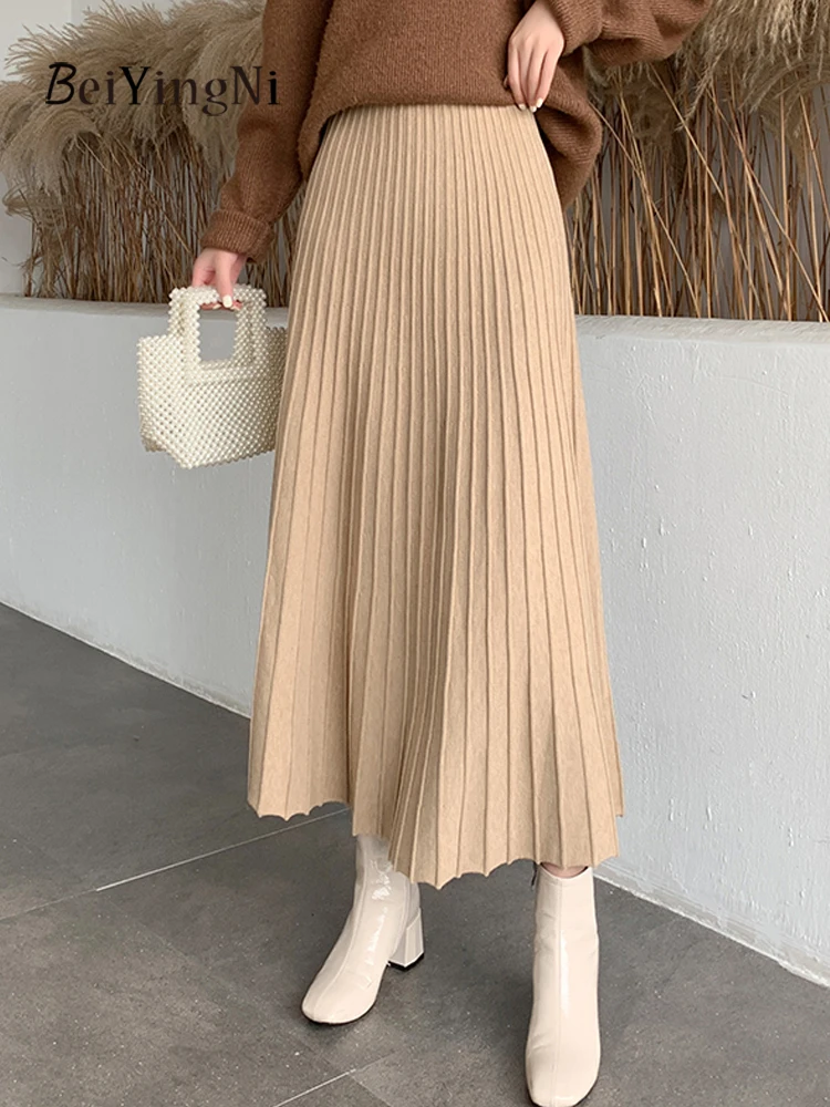 Beiyingni 2026 Fashion Knitted Skirts for Women Autumn Winter French Elegant Pleated Maxi Skirt Ladies Casual High Waist Skirts