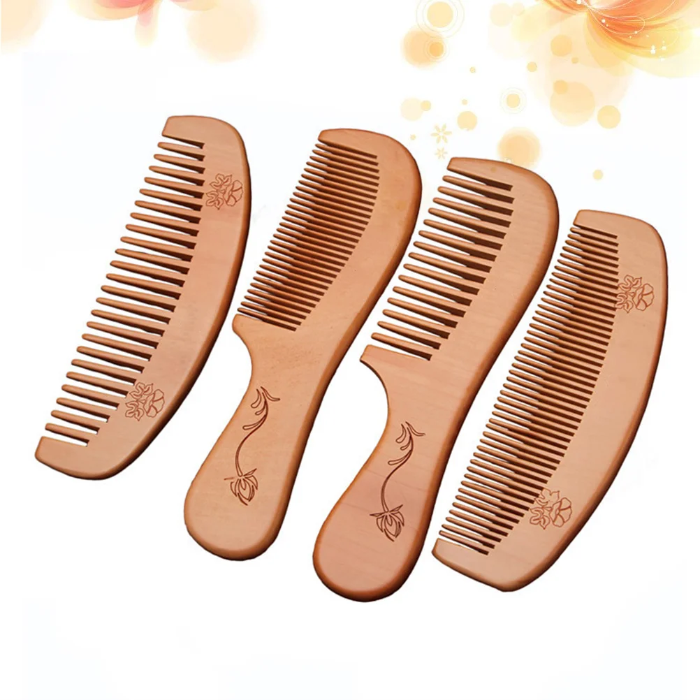 4pcs Peach Wooden Combs Carved Pocket Wood Comb Anti-static Massage Combs (Handle Fine Serration + Handle Wide  Serration + Moon