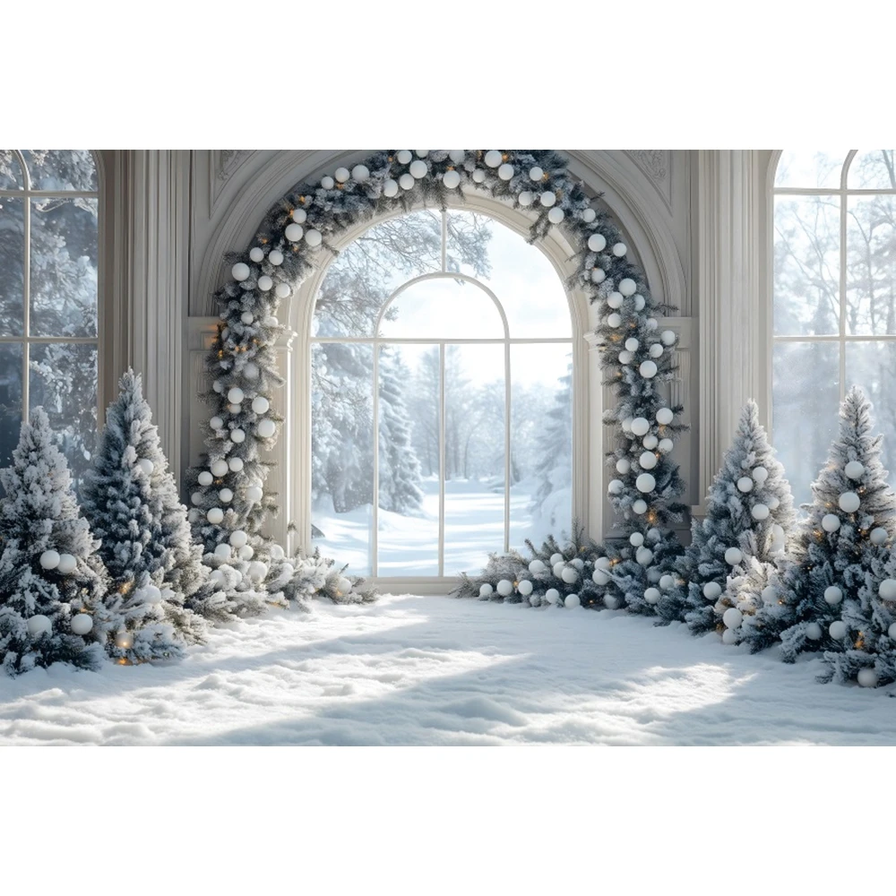 Winter Schnee Weihnachten Hintergrund Weihnachtsbaum Europäischen Fenster Weihnachten Erwachsene Kinder Porträt Fotografie Hintergrund Dekor Foto Studio