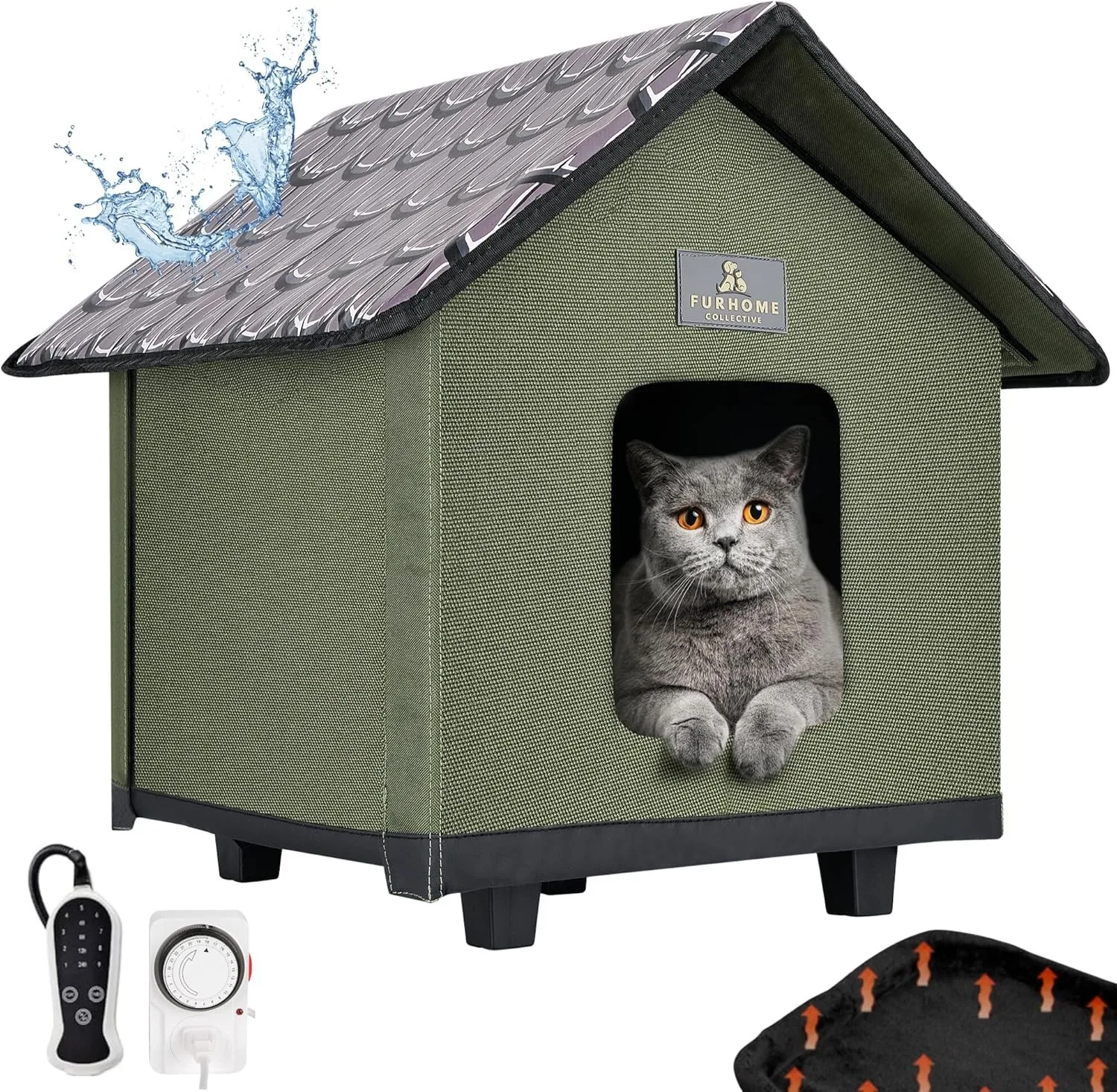 

Waterproof Heated Cat House for Outdoor Winter Warm Shelter Insulated Green Cat Bed with Heating Pad Safe Cozy Kitty Hut