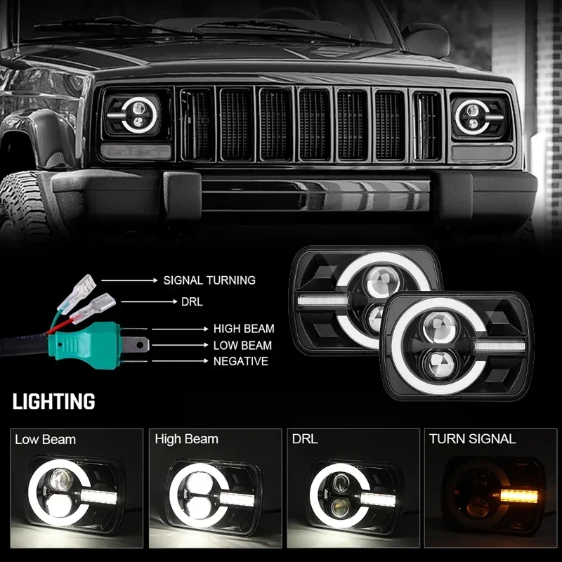 5x7 7x6 بوصة 2 قطعة/المجموعة أسود مستطيلة LED سيارة العلوي مع مرحبا/منخفضة DRL الإضاءة ل جيب رانجلر YJ شيروكي XJ بدوره إشارات