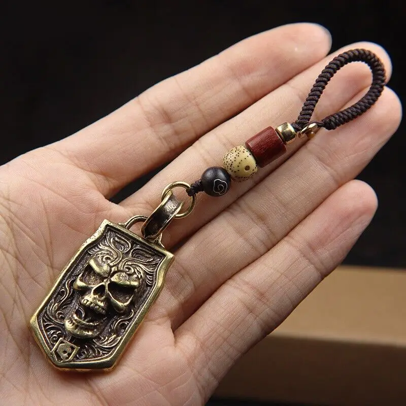 Pure Brass Skull Head Hanging Lanyard ornament Keychain Keyring Craft Miniature