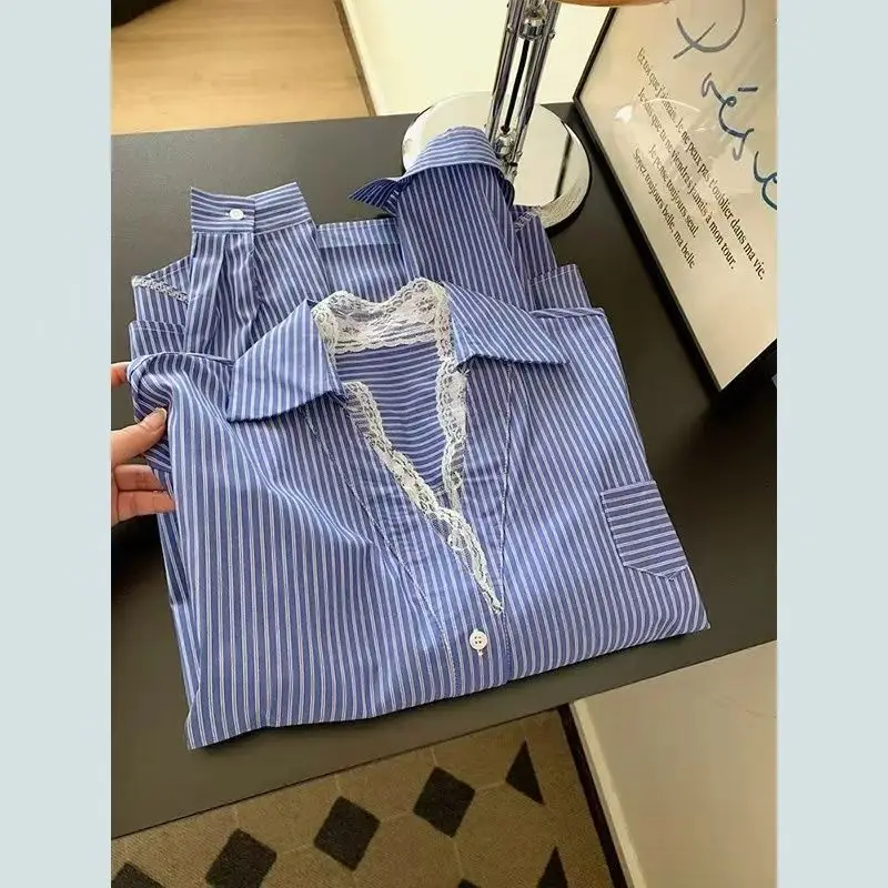 2025 bleu rayé dentelle bord col en V boutonné chemises femmes chemises à manches longues Camisas De Mujer printemps mode coréenne chemise décontractée
