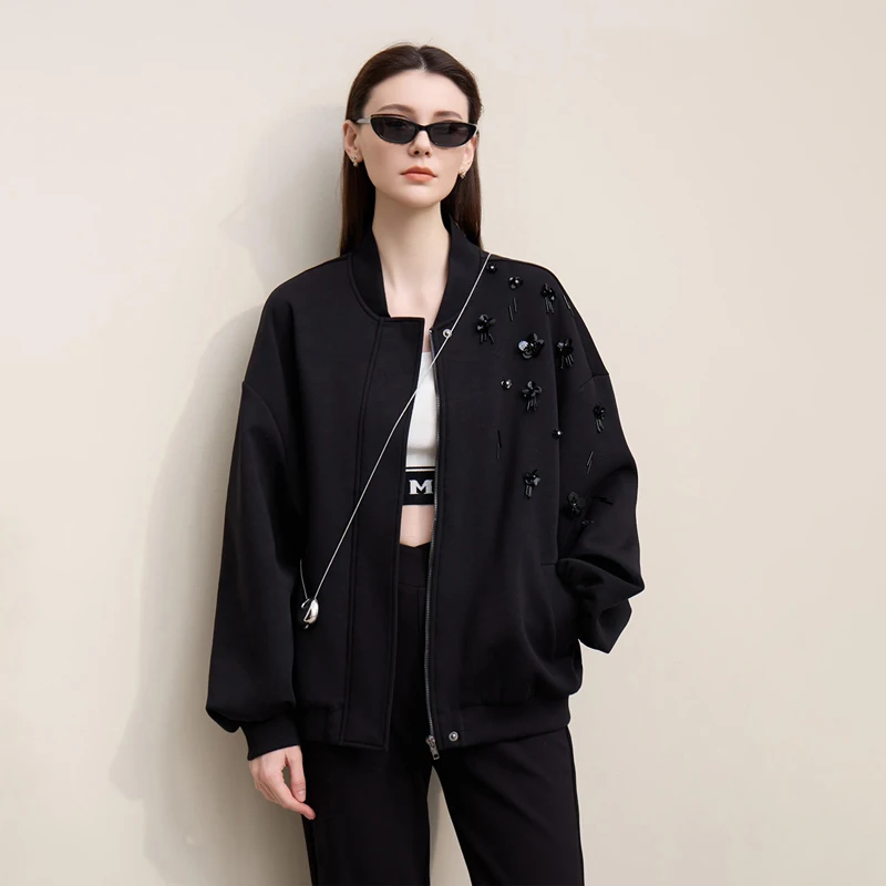 Amii Women's Spring Jacket with Beaded Flowers and Zipper