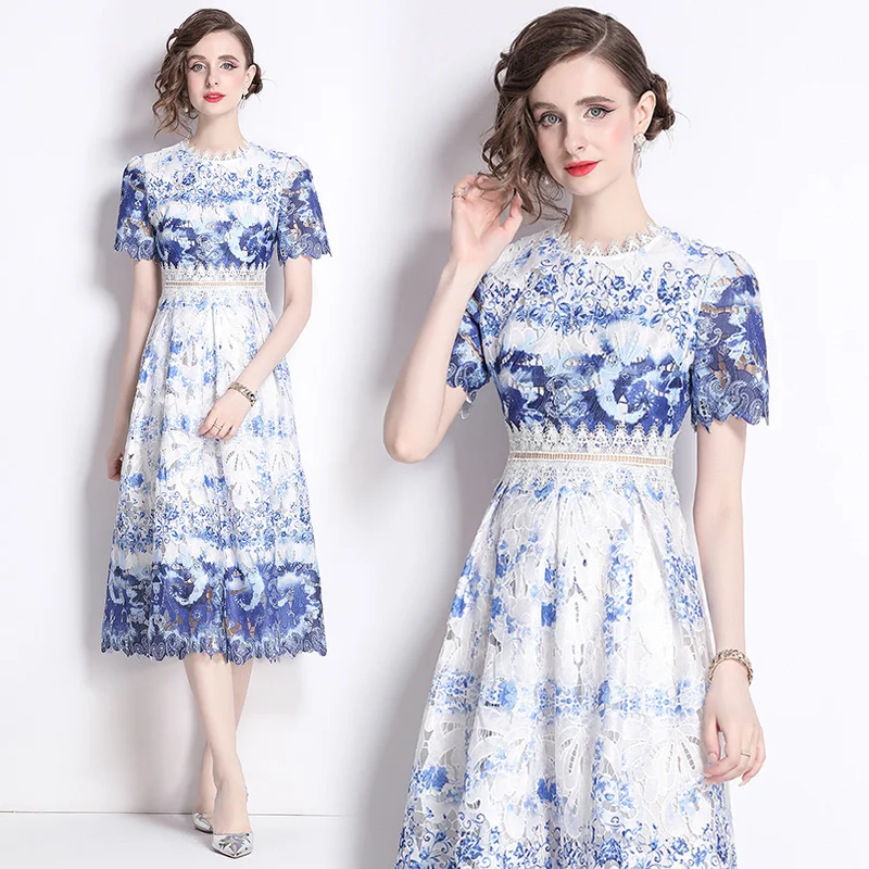 Fashionable slimming hollow out water-soluble lace positioning printing mid length dress YSQ536095