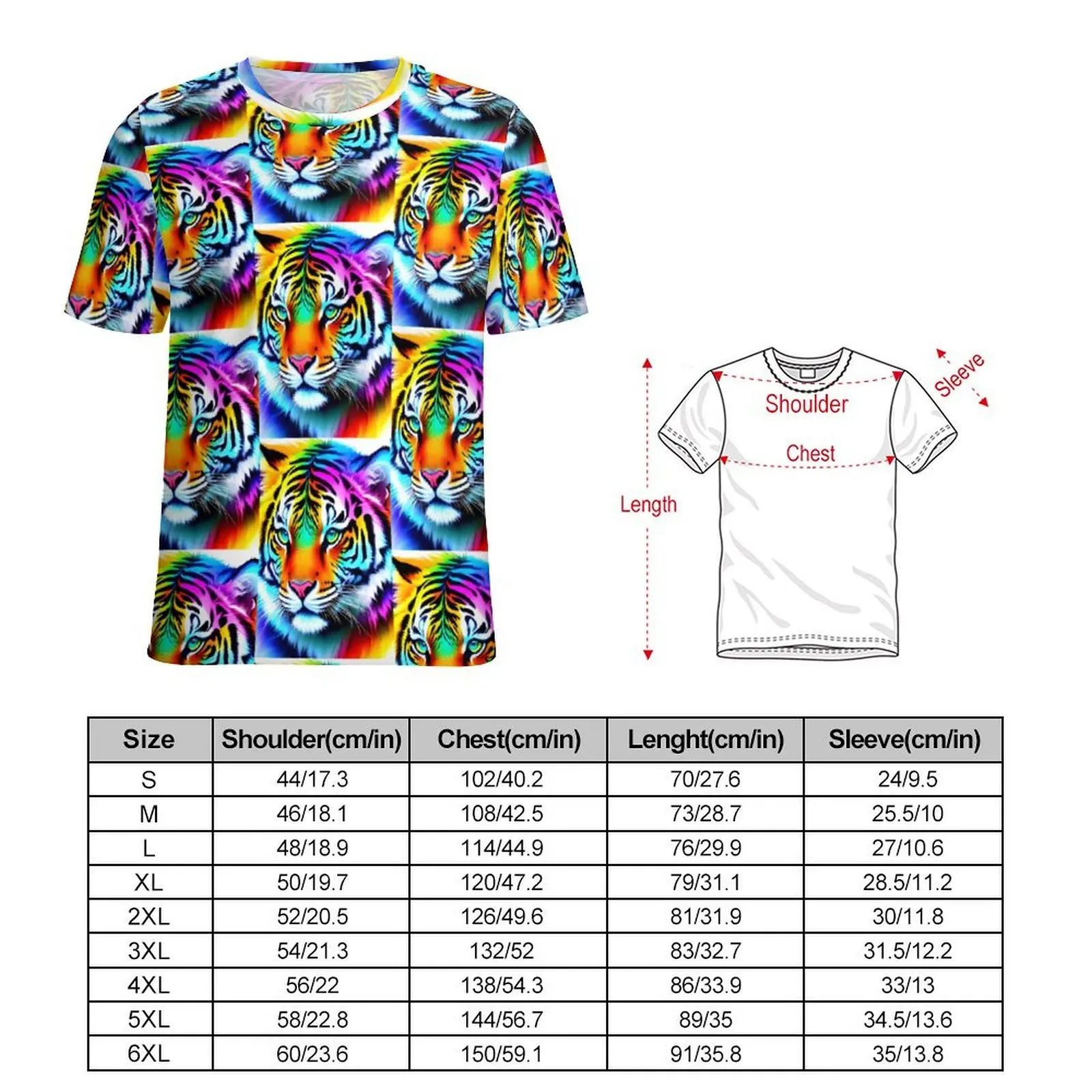 Caspian Tiger T-Shirt Colorful Rainbow Novelty T Shirts Mens Streetwear Tee Shirt Summer Short Sleeves Printed Top Tees Big Size