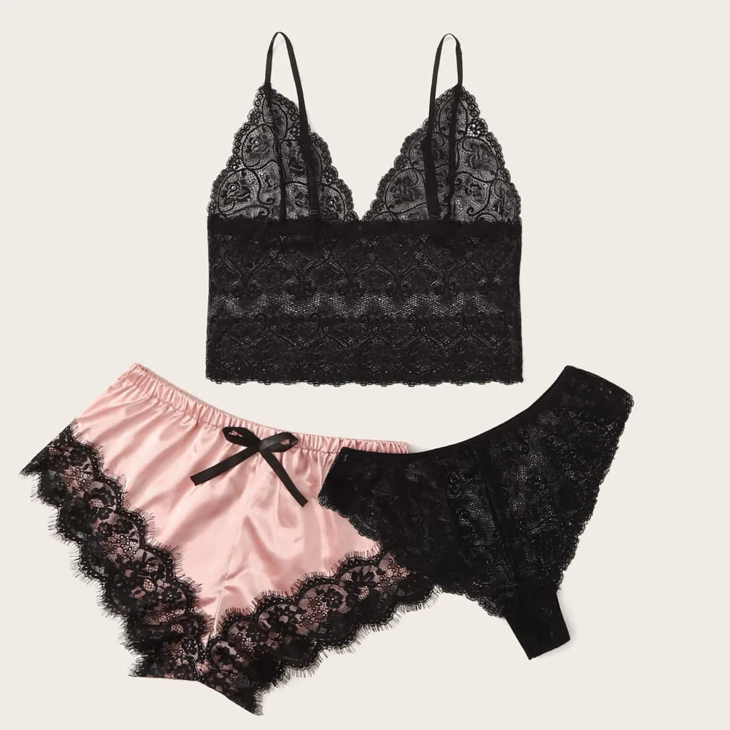 

3-piece Set of Sexy Pajamas for Women Eyelashes Lace Satin Sleepwear Cami Tops Shorts Panties Lingerie Pyjamas Nightwear Mujer