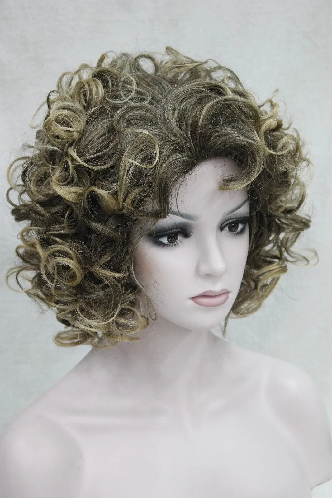 Cosplay Short Brown Mix With Golded Blonde Tip Curly Women's Synthetic Hair Wig