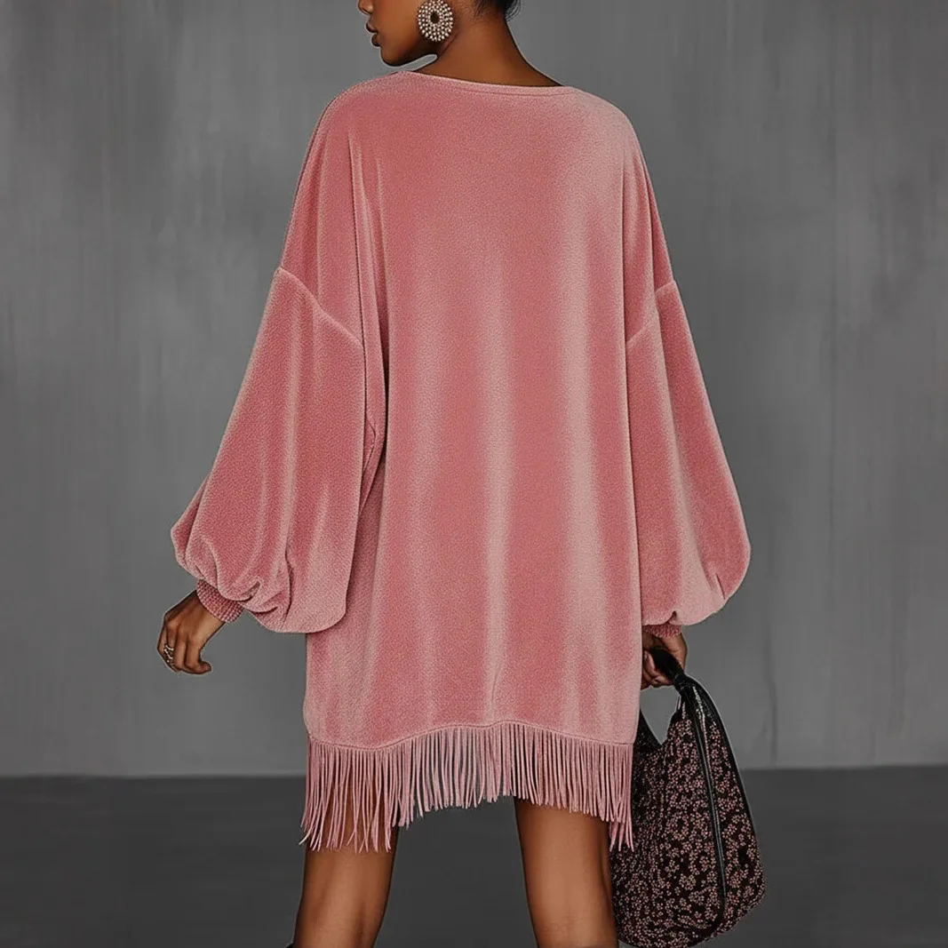 الأنماط الأمريكية موضة شرابة المرأة فستان قصير الجولة الرقبة طويلة الأكمام هامش هيم فستان الحفلات الخريف شارع العليا امرأة فستان #4