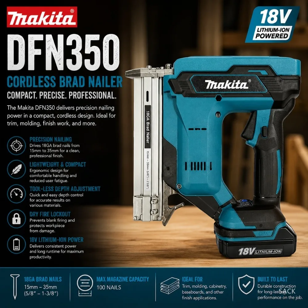 Makita DFN350 Cordless Nailer, 10-30mm Nails, 100-Nail Capacity, Low Noise Fast Speed for Woodworking