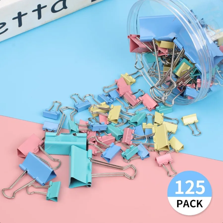 125개 바인더 클립 컬러 바인더 클립 다양한 크기 6가지 크기 바인더 종이 클립 사무실 가정 학교용 파란색 분홍색 노란색