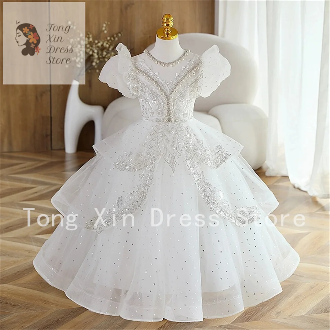 

Tiere Ball Flower Girls Dresses Pleat Poet Long Sleeve Kids Formal Gown Ruffles Tulle Little Child Pageant Dress