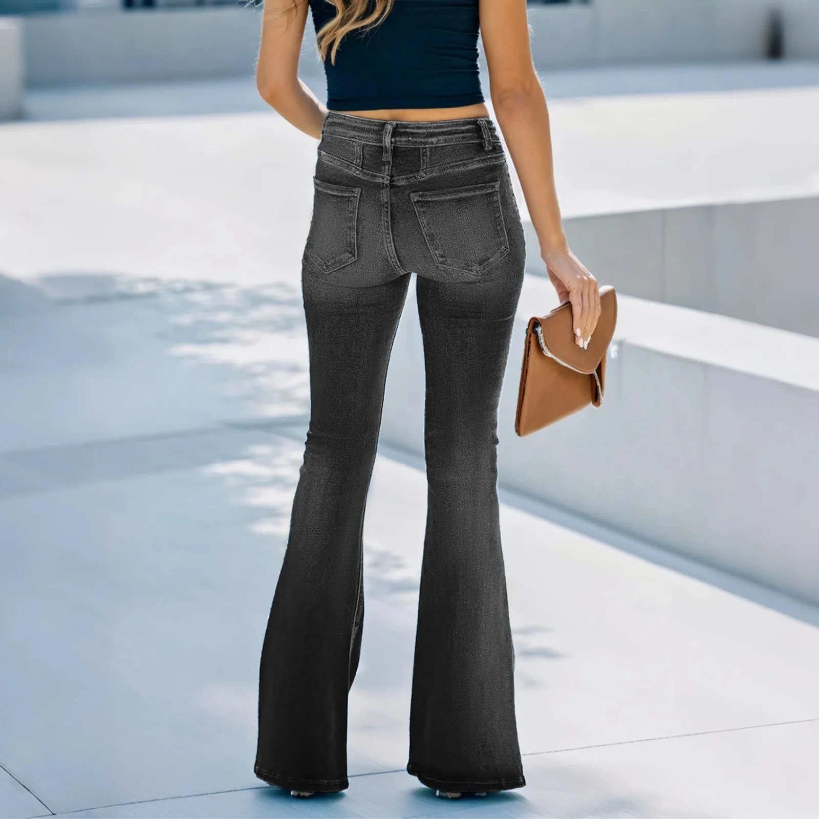 여성 데님 청바지 스플라이스 하이웨이스트 솔리드 컬러 플레어 팬츠 싱글 버튼 포켓 지퍼 플라이 스트릿웨어 봄