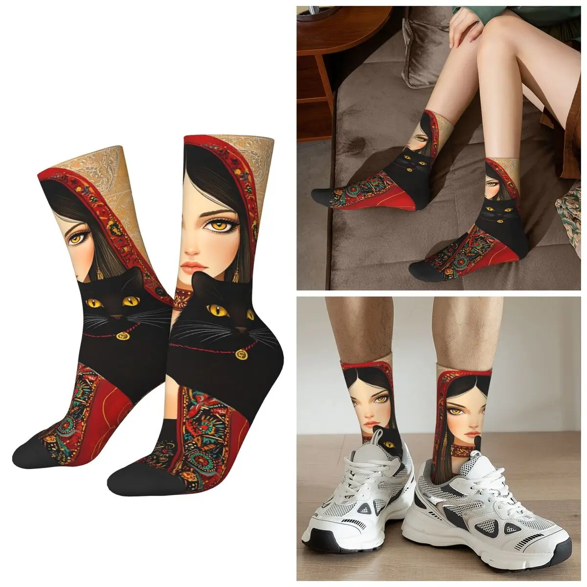 

Всесезонные женские носки в богемном стиле с черным котом, носки средней длины в стиле Харадзюку, впитывающие пот чулки для мужчин и женщин, подарки