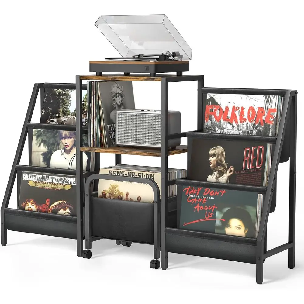 Record Player Stand with Vinyl Storage Cart, Record Player Table with Record Storage 200 Albums, Turntable Stand with Record Hol