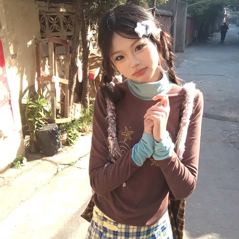 

Японская футболка с высоким воротником Y2K, женские лоскутные топы в стиле гранж с эстетикой, винтажные футболки с длинными рукавами и ромбовидным принтом, Harajuku 2000S