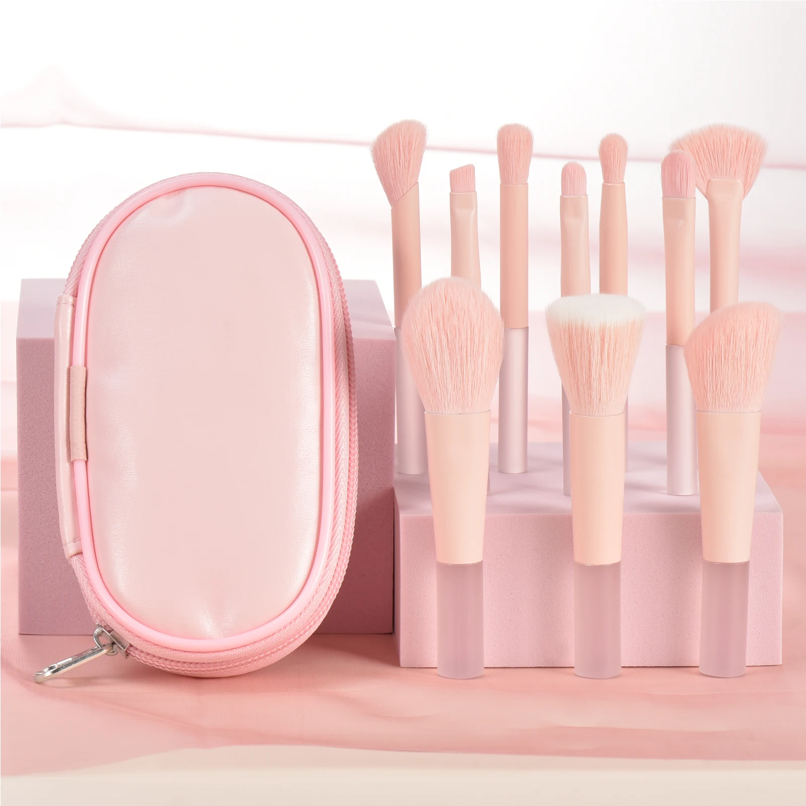 10 pink mini makeup brushes with storage bag, foundation contouring brush eyeshadow brow brush - Makeup puff, portable makeup