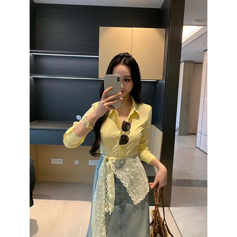 

Spring Women's Cotton irt XIN Jeju Island Diary Slimming Versatile Elegance X625C077 Casual Sle Long Sve Ne
