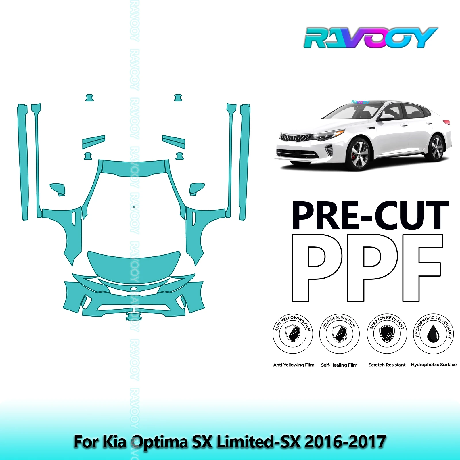 RAVOOY 8.5Mil Custom-Fit Precut TPU PPF Front Kit+Rockers Clear Bra Stone Guard EU UK For Kia Optima SX Limited-SX 2016-2017