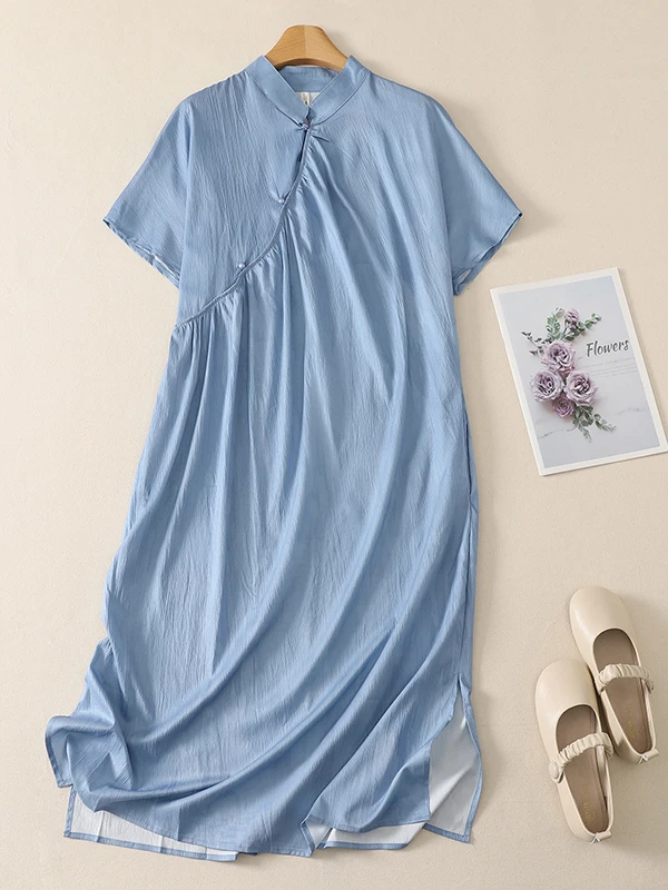

Artistic Chinese Style Summer Dress New Korean Brand Slimming Gown High Waist A-Line Long Skirt Traditional Button Detail
