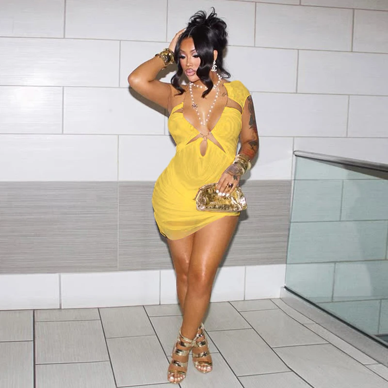 Robe transparente pour femmes, Coquette Sexy, chaînes métalliques irrégulières, col incliné, mi-haut, fête, Clubwear, froncé, moulante