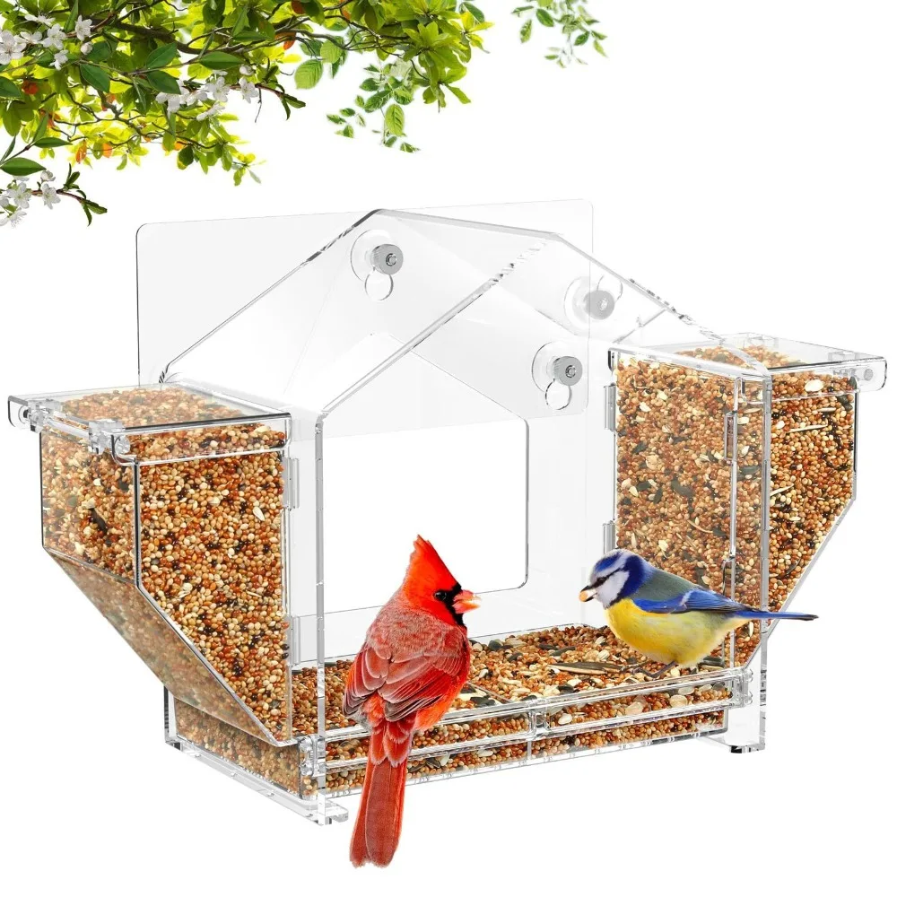 

Durable Clear Window Birds Feeder Squirrel-Proof Spacious Birds Feeding House with Suction Cup Bird Food Container Garden Lawn