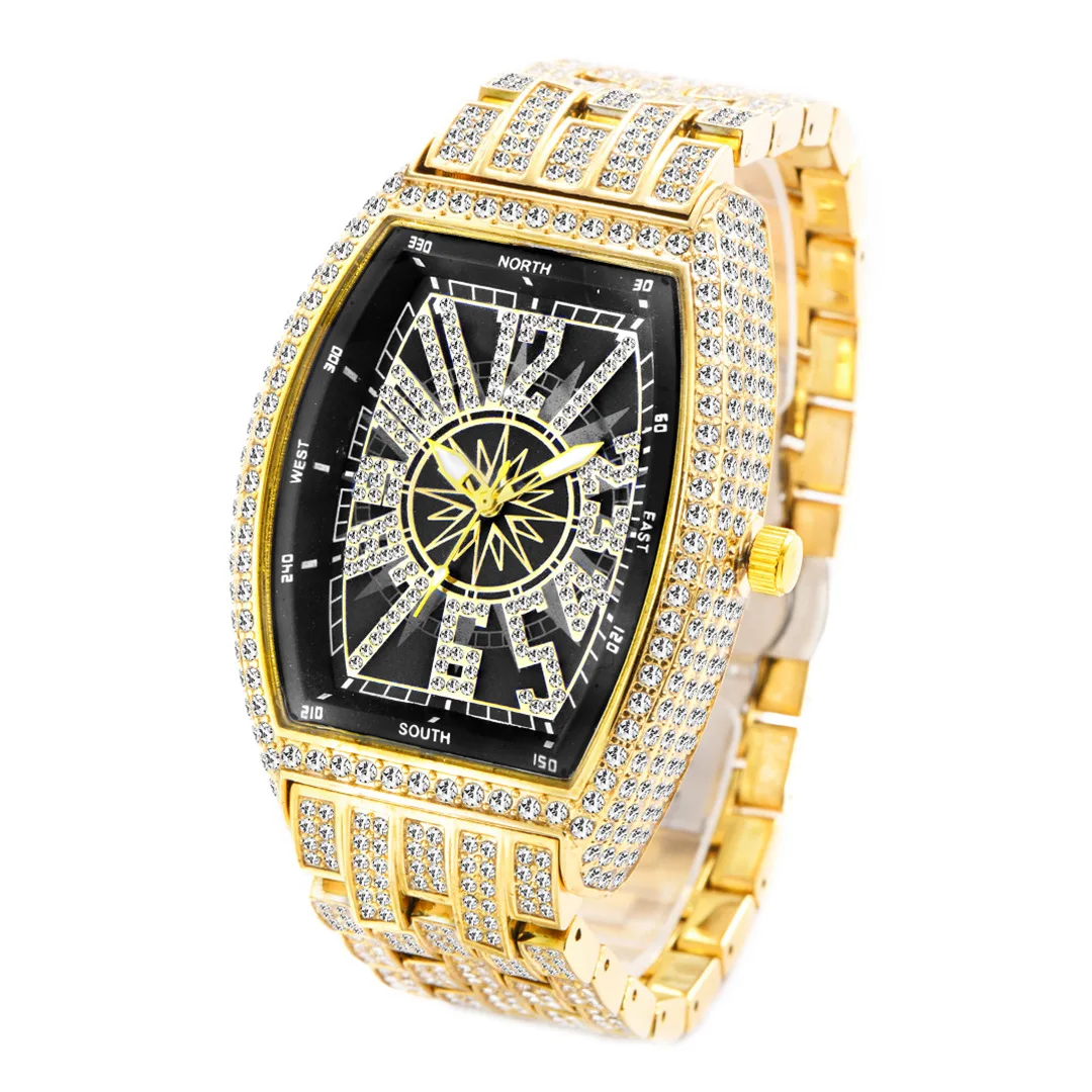 Luxury Men Crystal Watch Bling Iced-Out Tonneau Gold Watches Fashion Diamond Quartz Analog Clock With Stainless Steel Bracelet