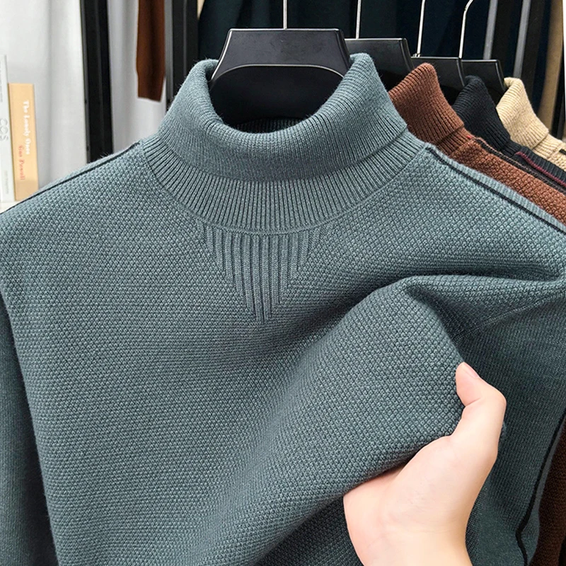 Luxury Men's Autumn Winter Knitting Sweater High Neck Long Sleeves Versatile Pullover Leisure Fashion Innerwear Men's Clothing