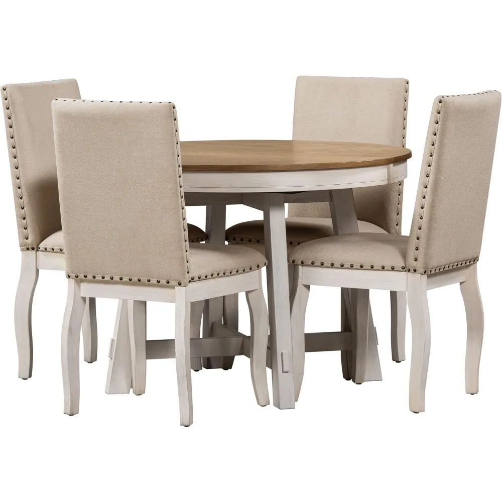 farmhouse style 5-piece dining set with round extendable table and 4 upholstered chairs