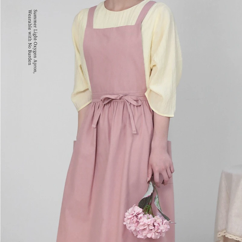 Solid Color Pleated Apron Women's Home Kitchen Café Sleeveless Apron Waterproof Stain-Resistant 100% Cotton Tie-Waist Apron