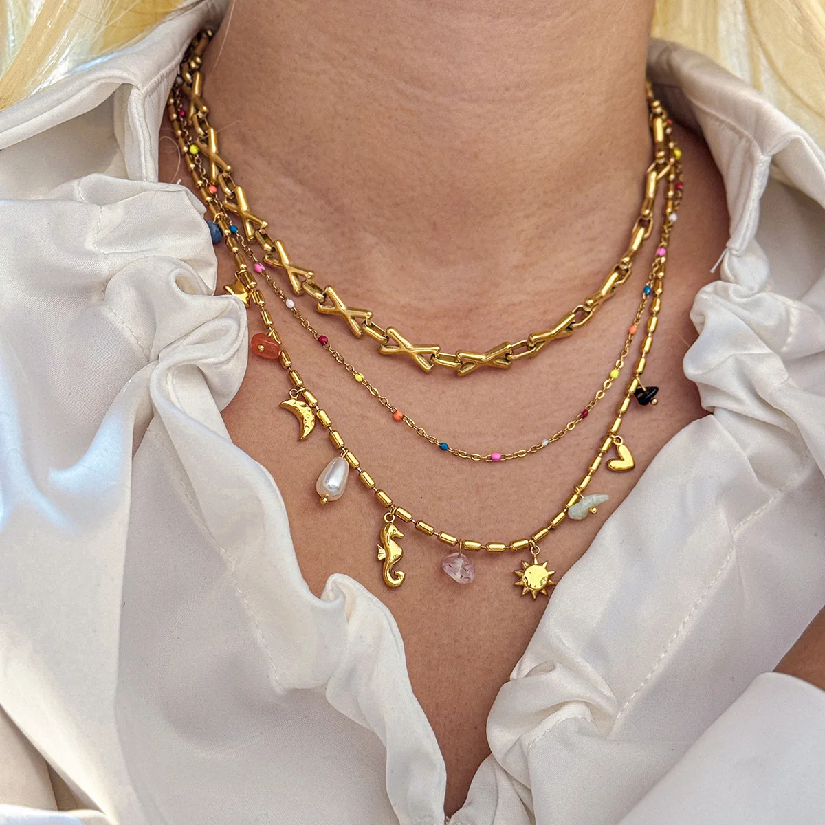 

Unique Chunky Stainless Steel Chain Necklace Bracelet For Women Gold Plated Geometric Link Unisex Couple Waterproof Jewelry sets