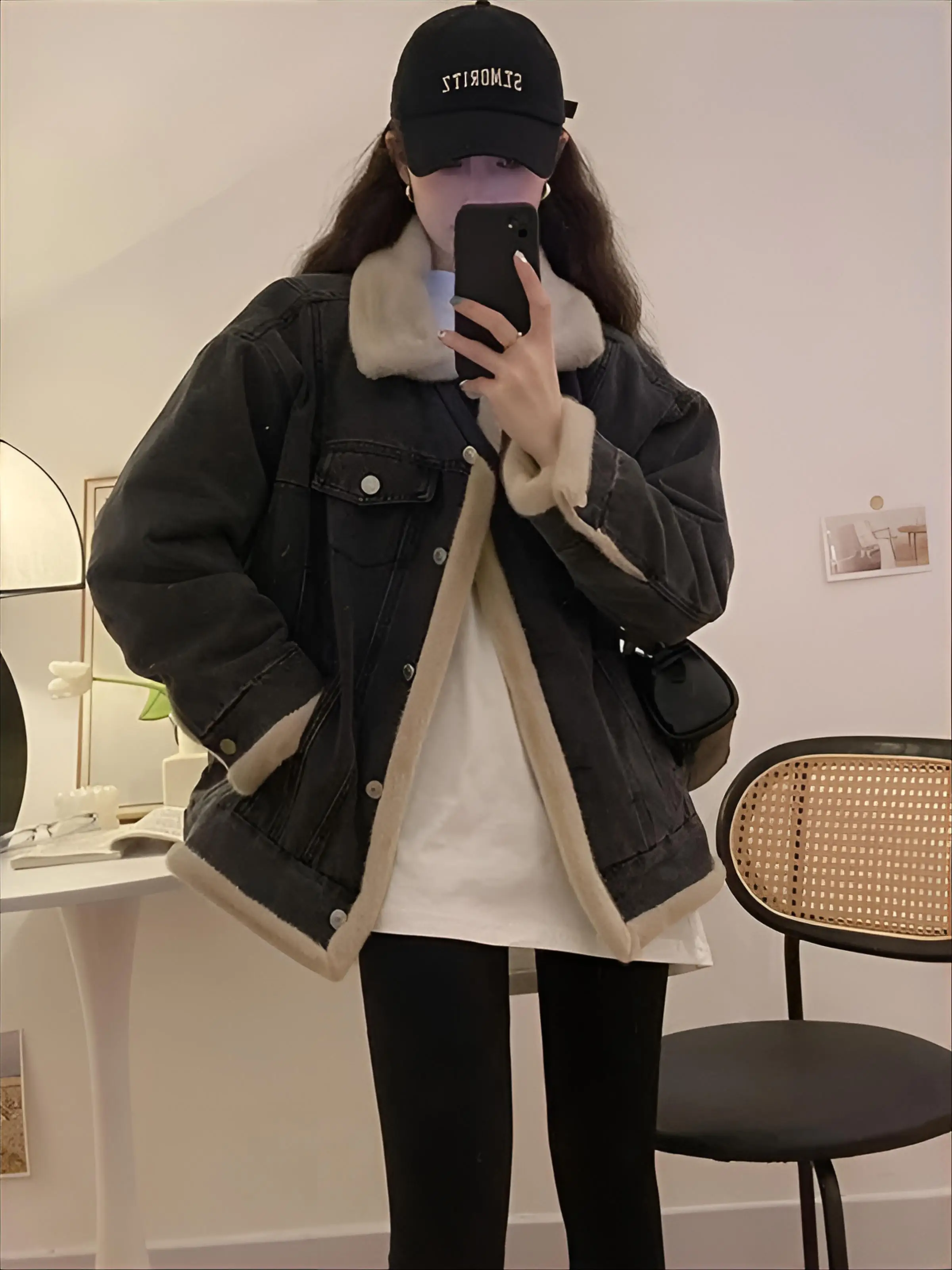 

Denim Coat Black Sexy Fur Plush Womens Fall Slim-Fit Minimalist Street Trend Anti-Wrinkle Lightweight Patchwork Raglan Jackets