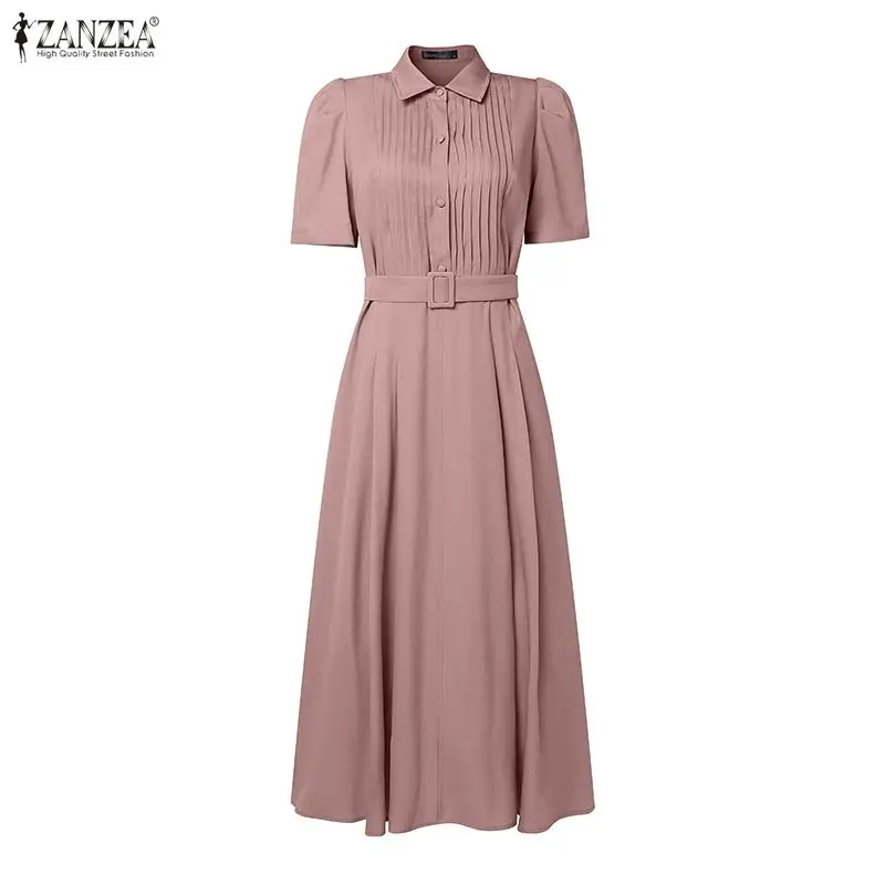 ZANZEA موضة قميص طويل فستان المرأة قصيرة الأكمام أنيقة حفلة ميدي فستان الشمس 2026 الصيف التلبيب مربوط مساء Vestidos رداء