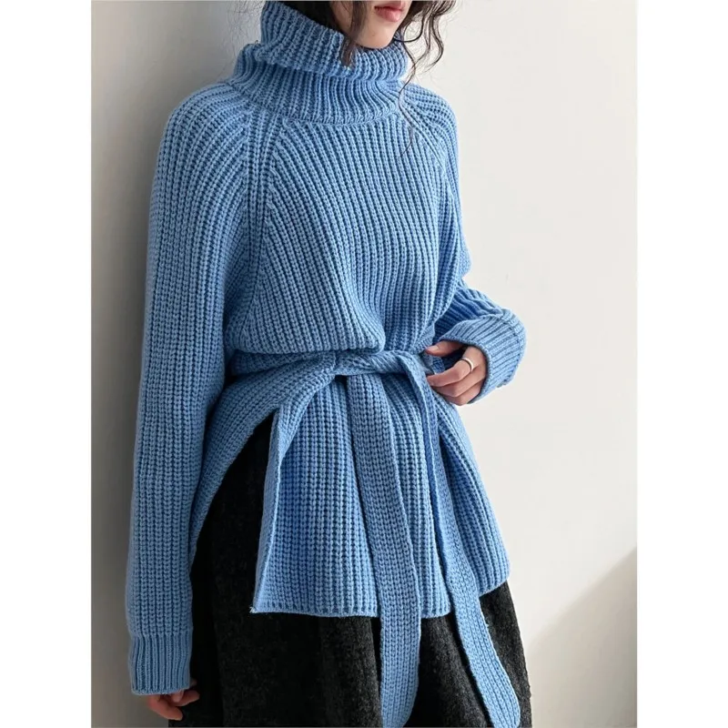 

Johnature Women Minimalist Fashion Lace-Up High Neck Knit Sweater New Winter Thick Irregular Warm Sweaters