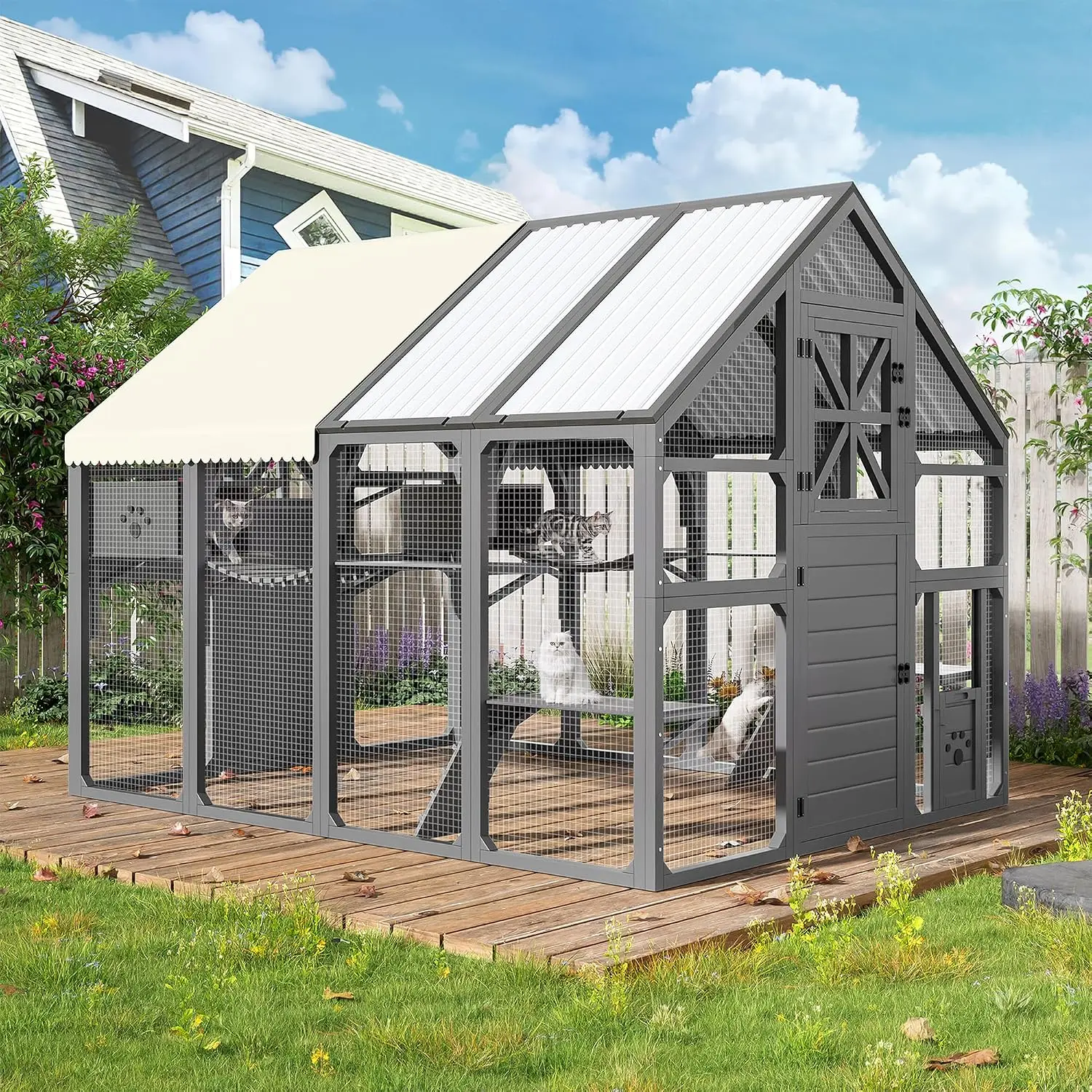Large Outdoor Cat Enclosure Walk-in House 7 Platforms 2 Boxes Bridges PVC Roof Weatherproof Cover Safe Play, Customized