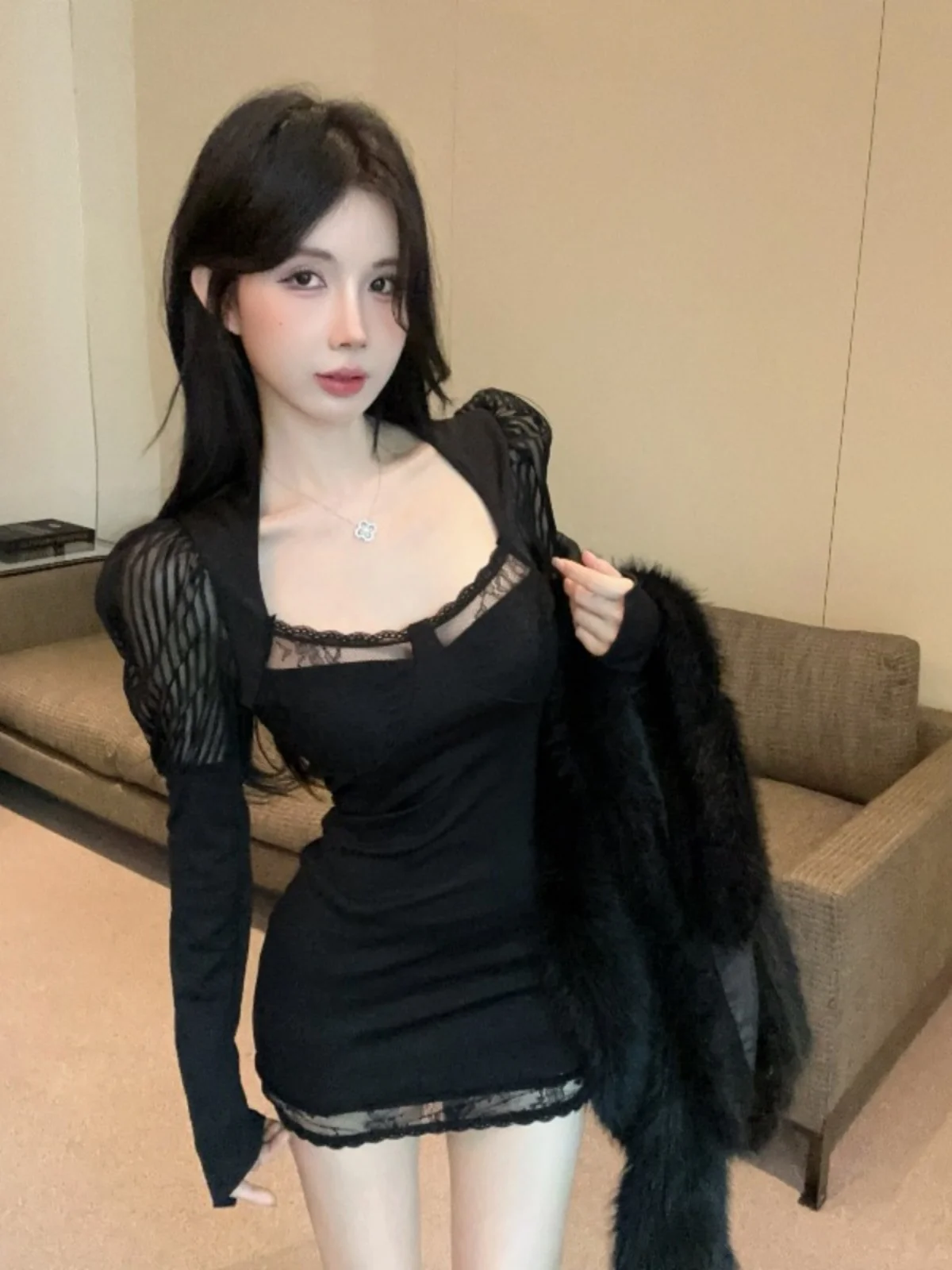 

Sexy Lace Panel Slim Fit ort Skirt Bubble Sve Slimming Dr Women Trendy Bla Me Splice Bodycon Dr Spring 2025