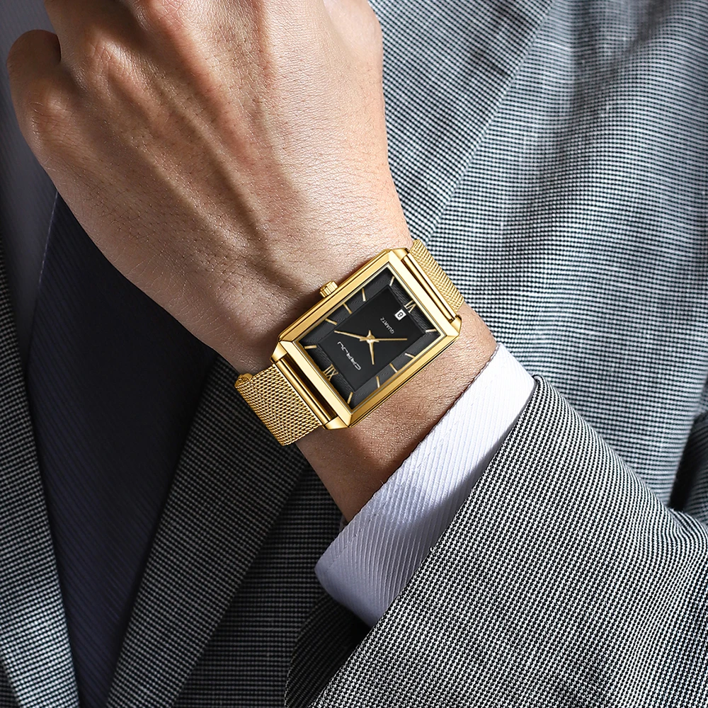 CRRJU Watch Men Top Brand Luxury Square Golden Quartz Stainless Steel Waterproof Wrist Watch Relogio Masculino