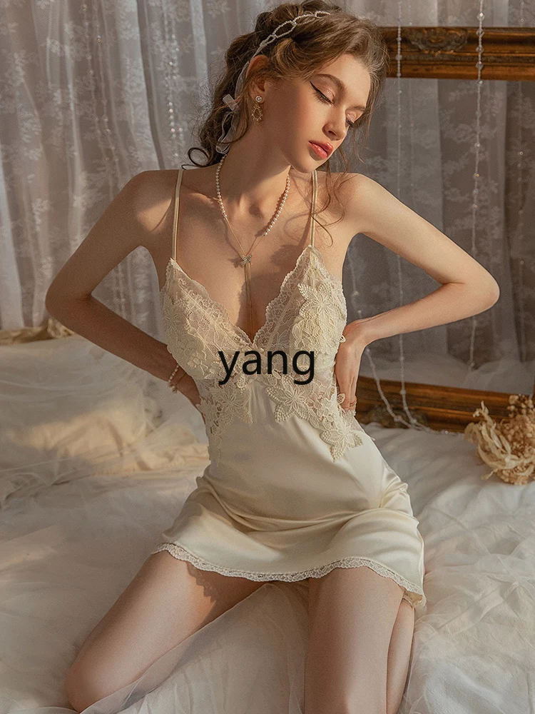LMM summer French small chest with chest pad ice silk lace suspender nightdress