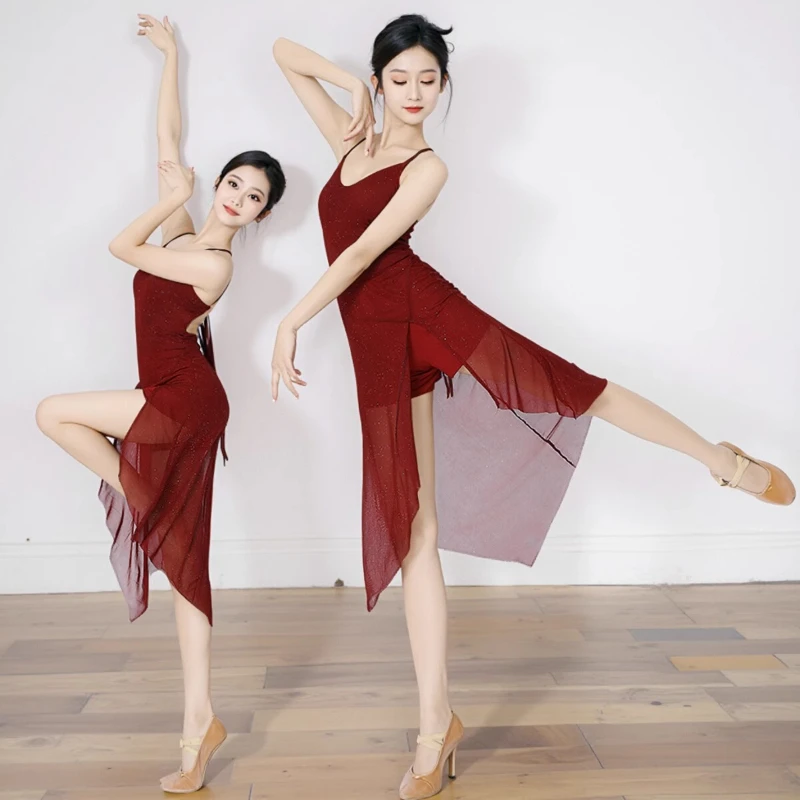 Damska Sukienka Baletowa Liryczna Latin Dance Kostium Występ Bez Rękawów Odkryte Plecy z Dziurką na Guzik Błyszczące Dżety Rozcięcie Boczne Siateczkowa Sukienka Maxi