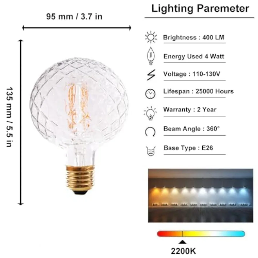 Vintage LED Edison Bulb G30 4W Dimmable LED Filament Bulb Globe Pineapple Shaped Light Bulb 2300K Warm White E26 400LM Equivale