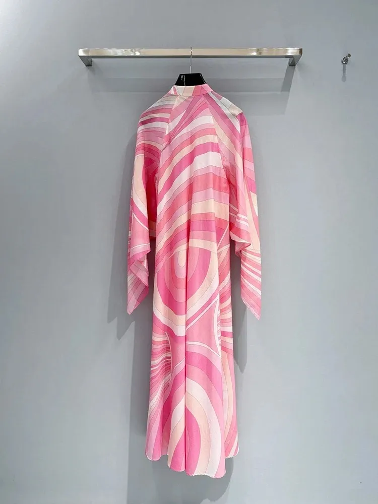 Spring Summer Fashion Casual Resort Geometric Print Silk Long Dress Women's Stand Collar Button Flare Long Sleeve A-Line Dresses