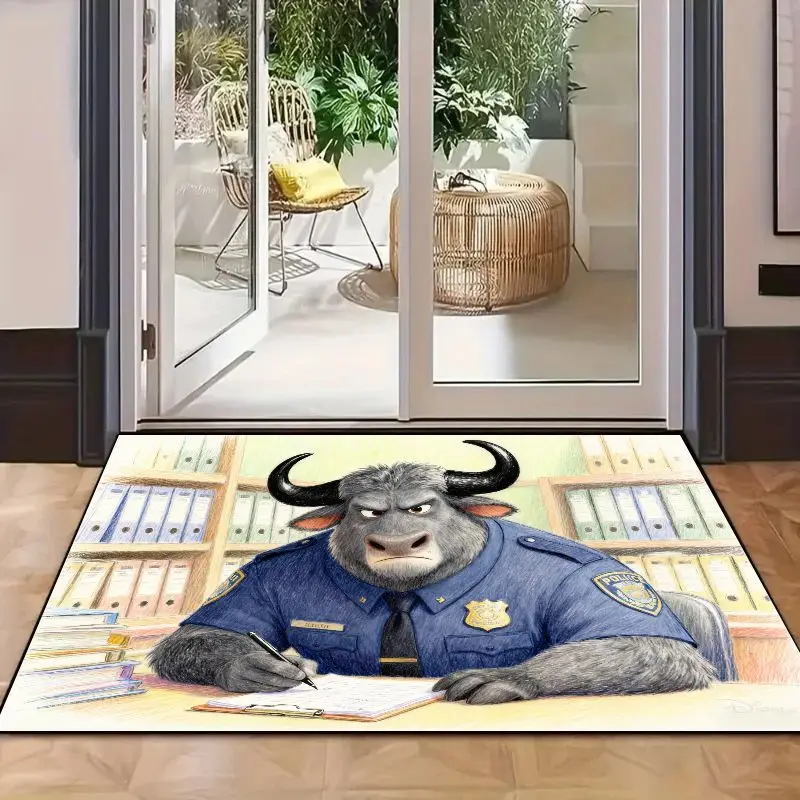 1PC ディズニー ズートピア チーフ ボゴ 警察官 フロアマット、漫画のバッファロー キャラクター ライティング オフィス シーン 装飾ラグ、滑り止め