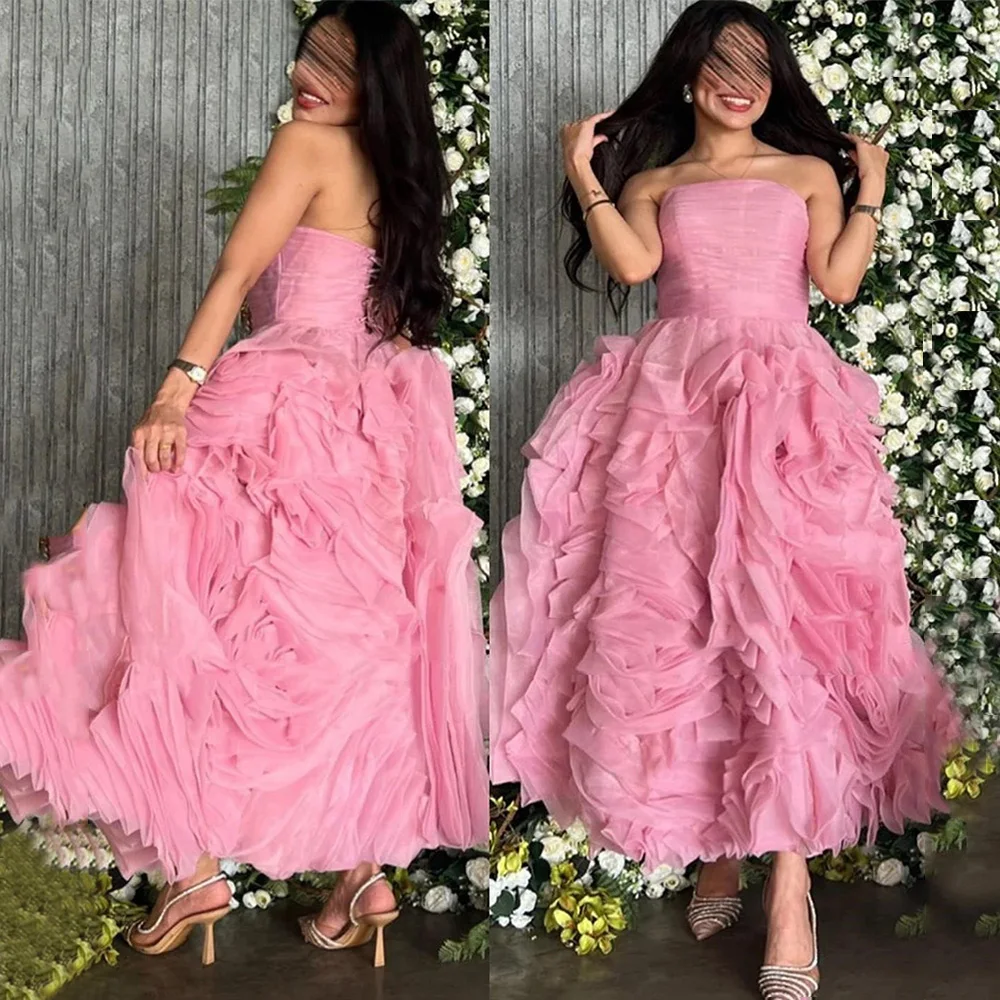 Mesprit Saudi Evening Dresses Customized Strapless Sleeveless Ruffles A Line Cocktail Party Gown Formal Dress فساتين سهرات