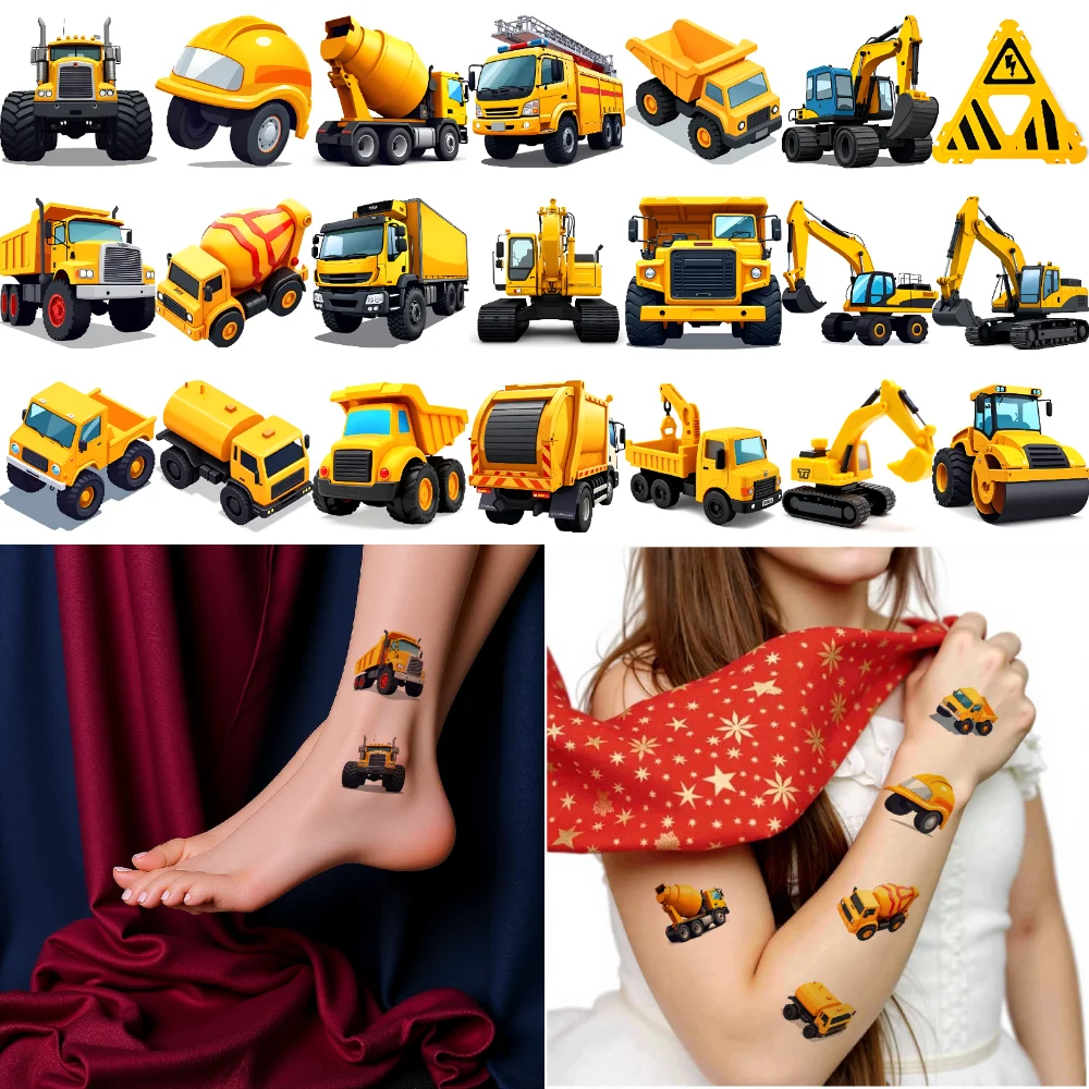 

63pcs Temporary Tattoo Construction Vehicles Cartoon Warning Signs Waterproof Long-lasting Body Stickers For Arms Men