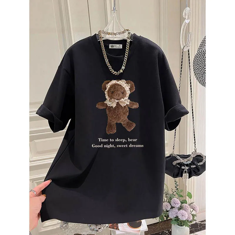 Women Chic Animal Bear Printing T-shirts Summer Pure Cotton Basic O-neck Short Sleeve Top Tee Loose Oversized Pullover 45-105Kg