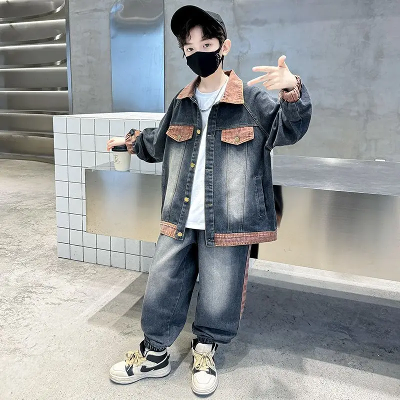 Boys' Denim Jacket Jeans Two-piece Spring Autumn Children's Clothing Sets 2024 New Big Child Handsome Contrasting Colors Suits