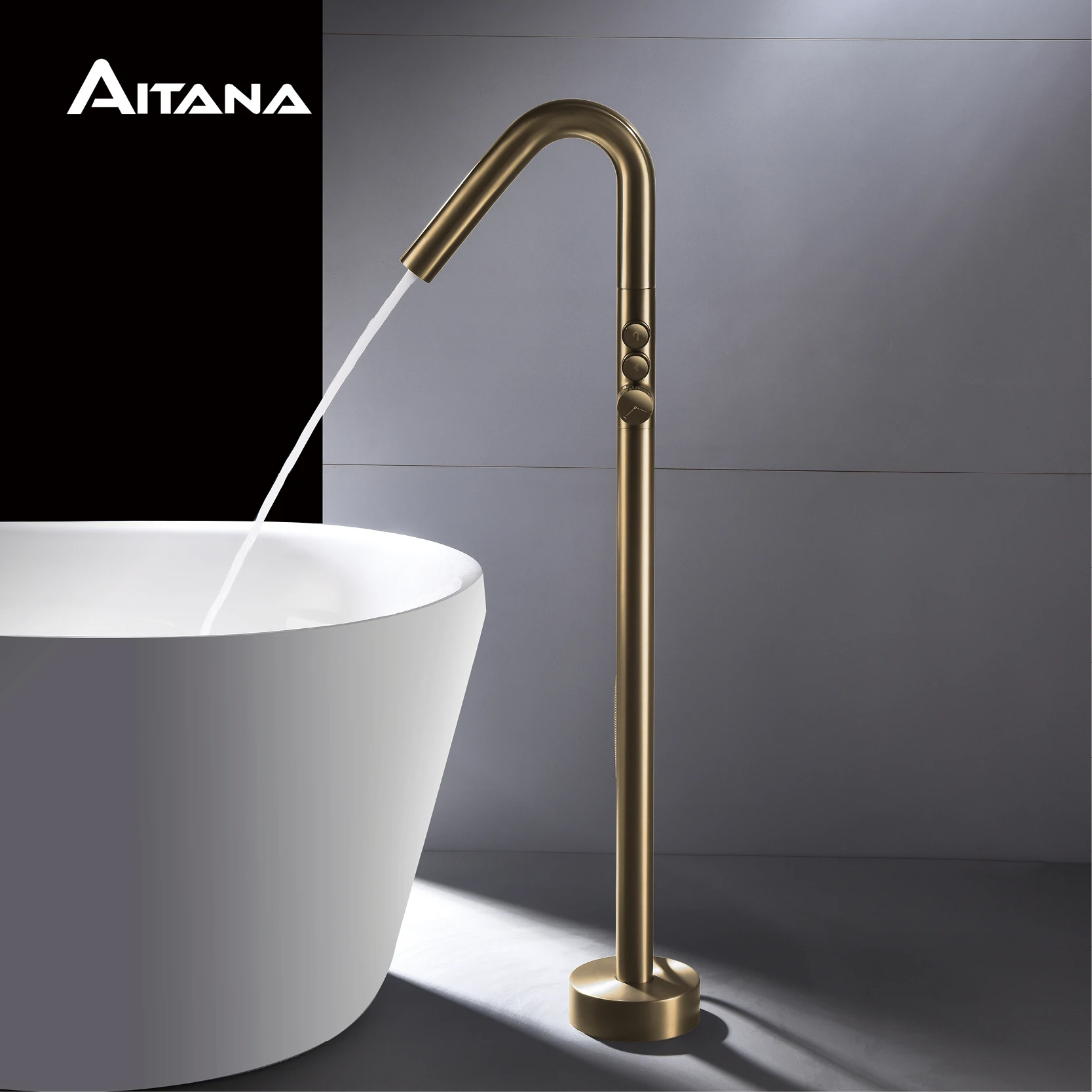 AITNA Gold Brass Luxury Bathroom Faucet Floor standing Design Single Handle Hot and Cold Water 2-Function Simple Bathtub Mixer