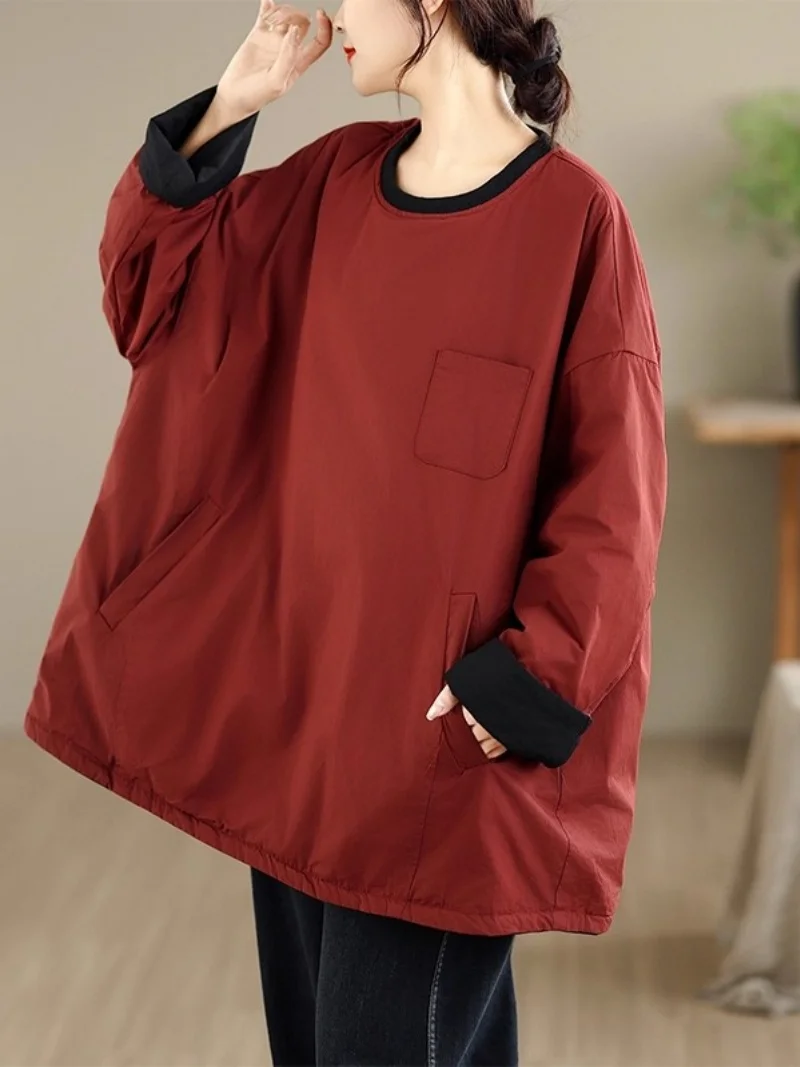 

Warm Cotton Clothing Women's 2025 Autumn And Winter Round Neck Contrasting Color Double Pocket Lightweight Pullover Jacket w1359